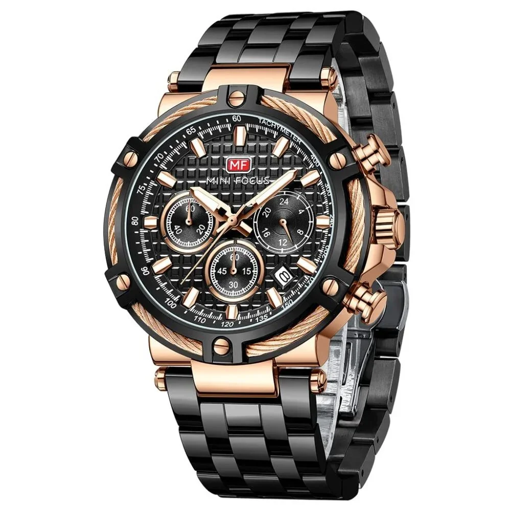 Stainless Steel Chronograph Watch with Luminous Hands, Water Resistant